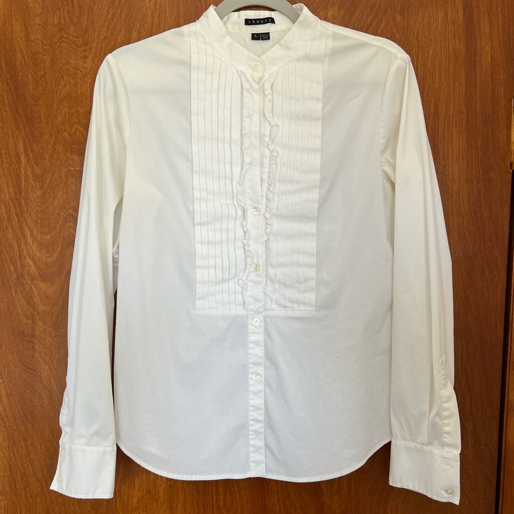 Women's White Theory Button Down Tuxedo Ruffled Blouse